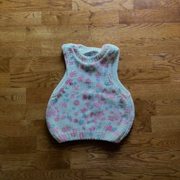 Zara Floral Knit Vest Ivory Pink Cream Blue Sweater Cropped Sleeveless Tank Top - Picture 1 of 4